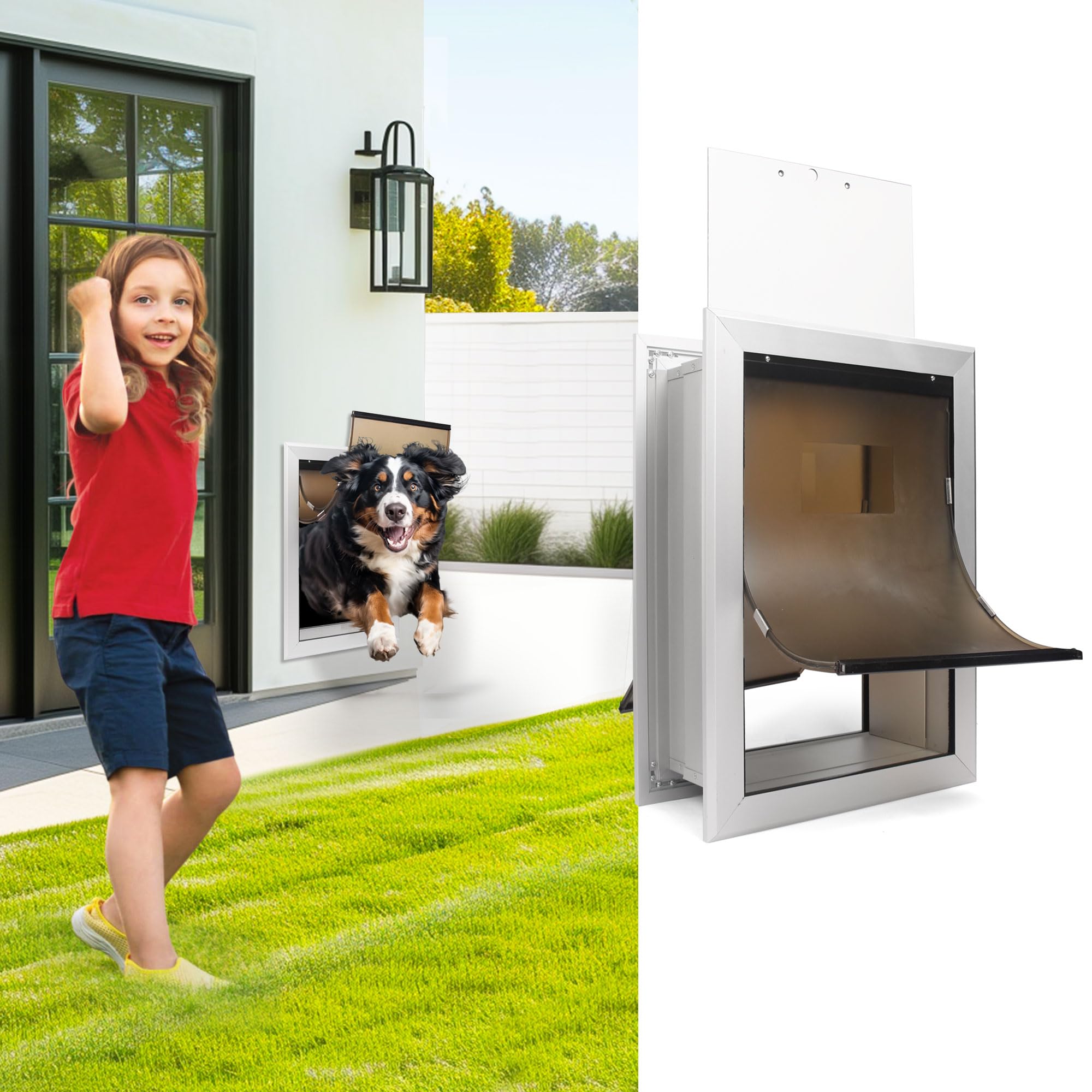 iPetba Heavy Duty Dog Door for Walls, Aluminum Frame with Double Flaps, Magnetic Seal, Telescoping Tunnel for Extreme Weather, Pet-Friendly Design