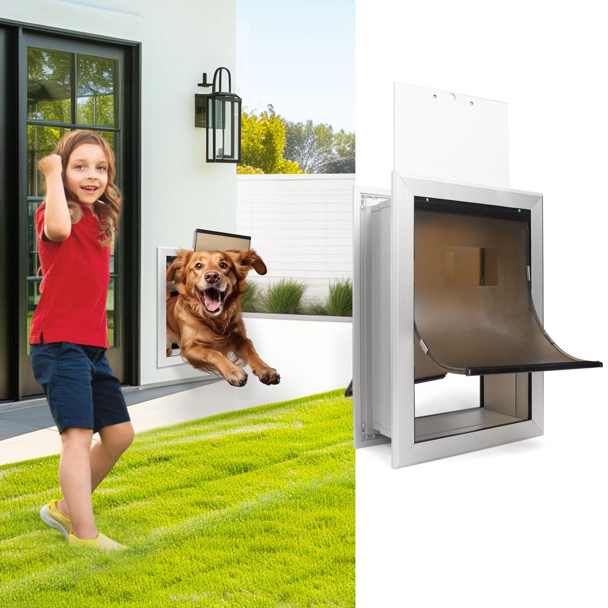 iPetba Heavy Duty Dog Door for Walls Aluminum Frame with Double Flaps