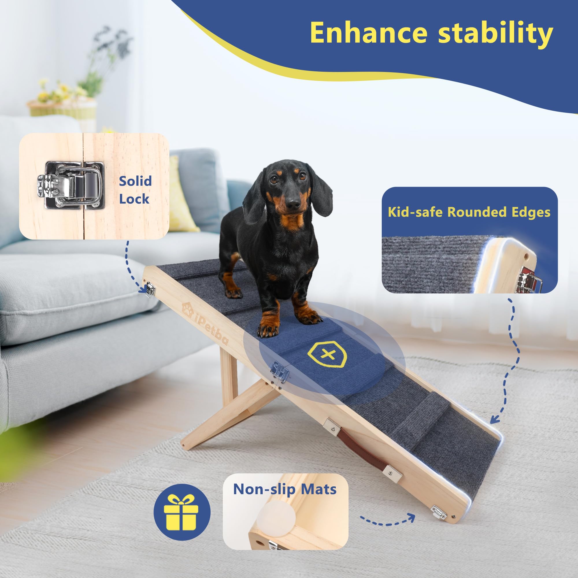 iPetba Foldable Dog Ramp for Bed & Couch, Small Dog Ramp for Car, Adjustable Height, 21” Portable Wooden Pet Ramp for Indoor Use