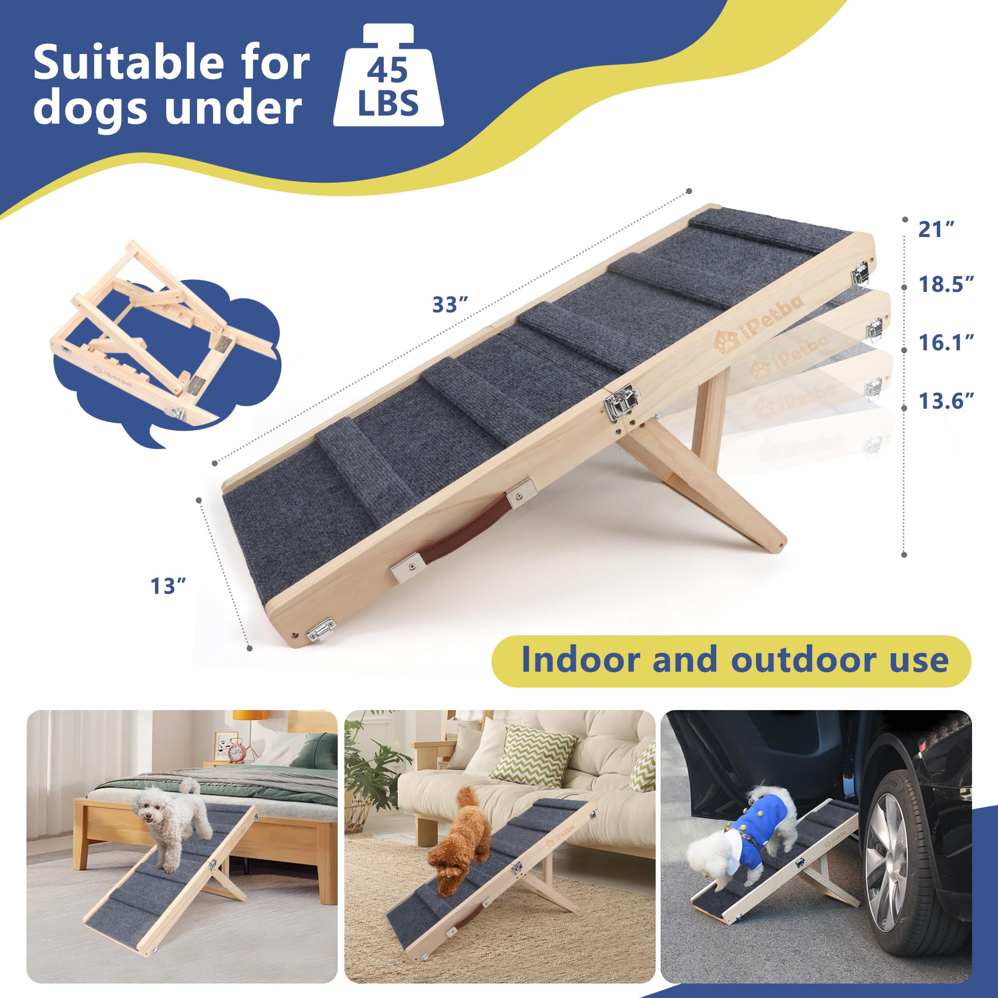 iPetba Foldable Dog Ramp for Bed & Couch, Small Dog Ramp for Car, Adjustable Height, 21” Portable Wooden Pet Ramp for Indoor Use